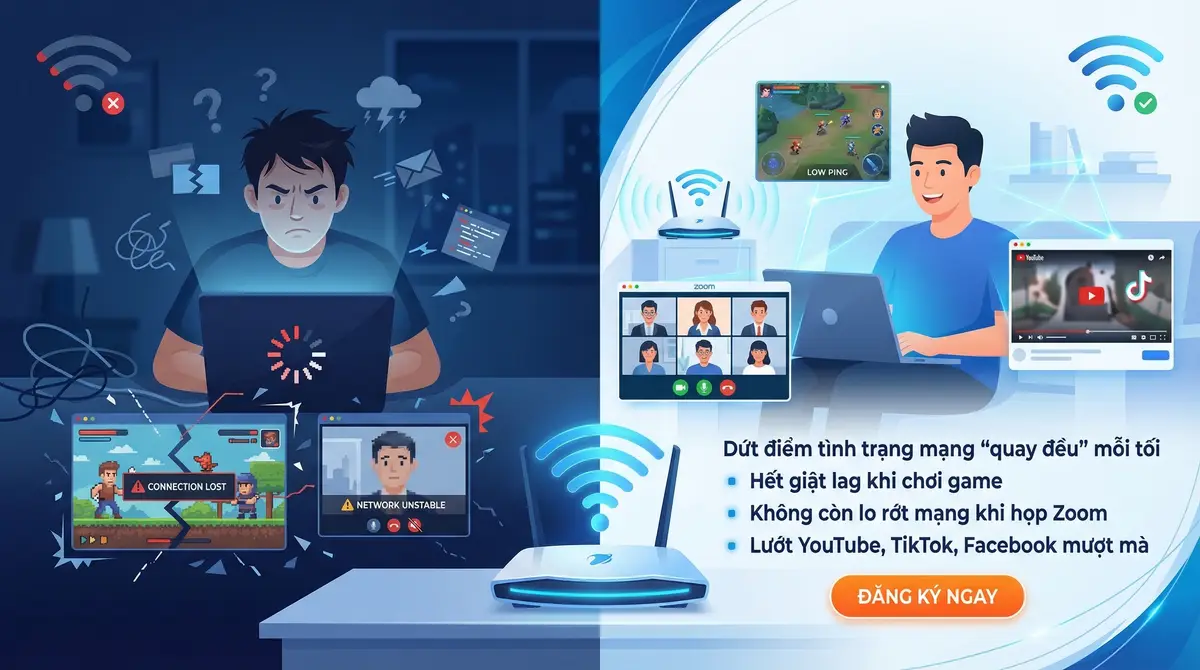 VNPT Internet Cáp Quang - Dứt điểm tình trạng mạng quay đều mỗi tối, hết giật lag khi chơi game, không còn lo rớt mạng khi họp Zoom